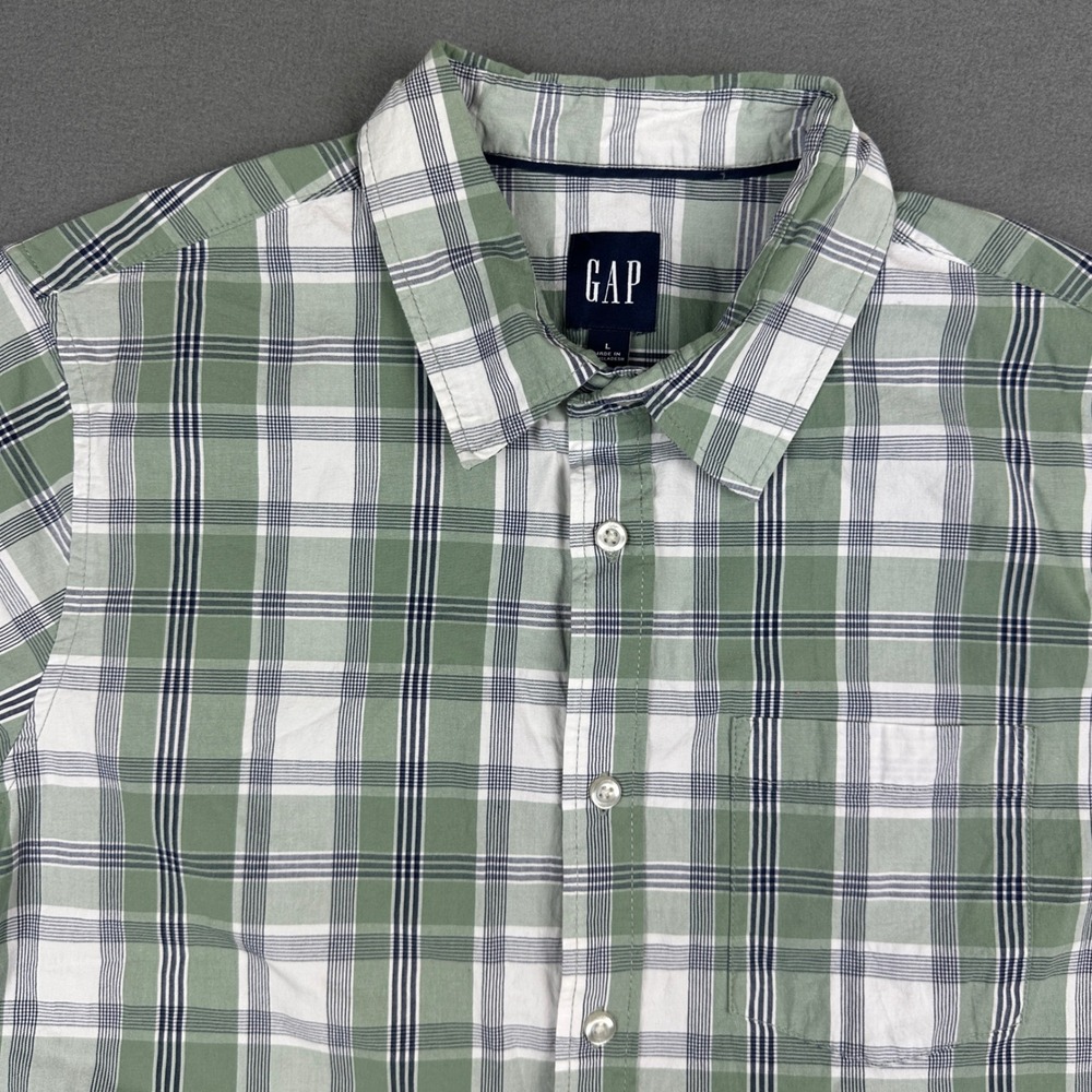 GAP Mens Short Sleeve Plaid Button Down Shirt Green White Checkered Casual Large